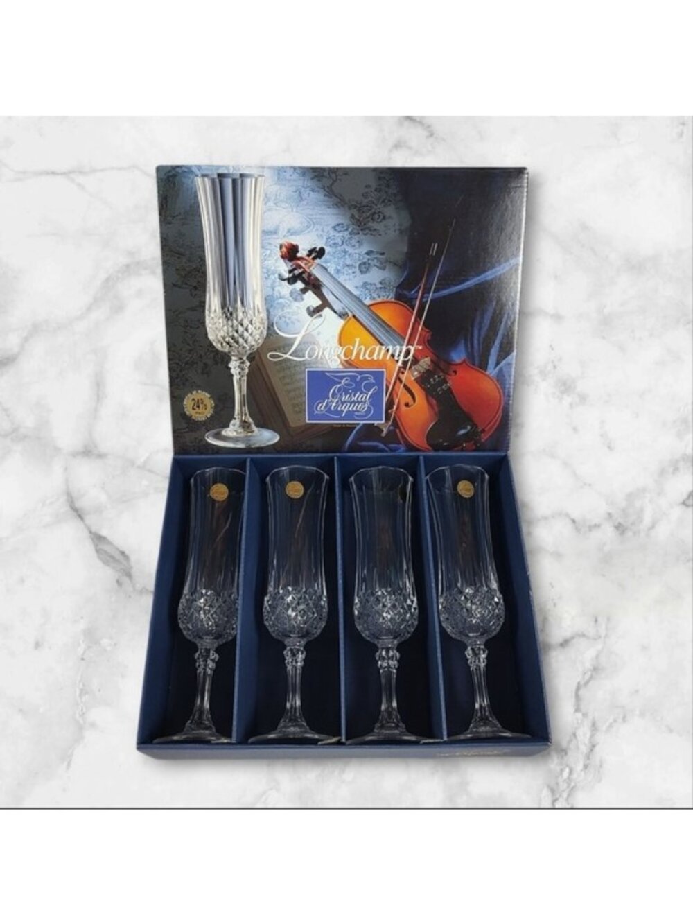 Longchamp Cristal d'Arques Crystal Champagne Flutes Set of 4 Original Box